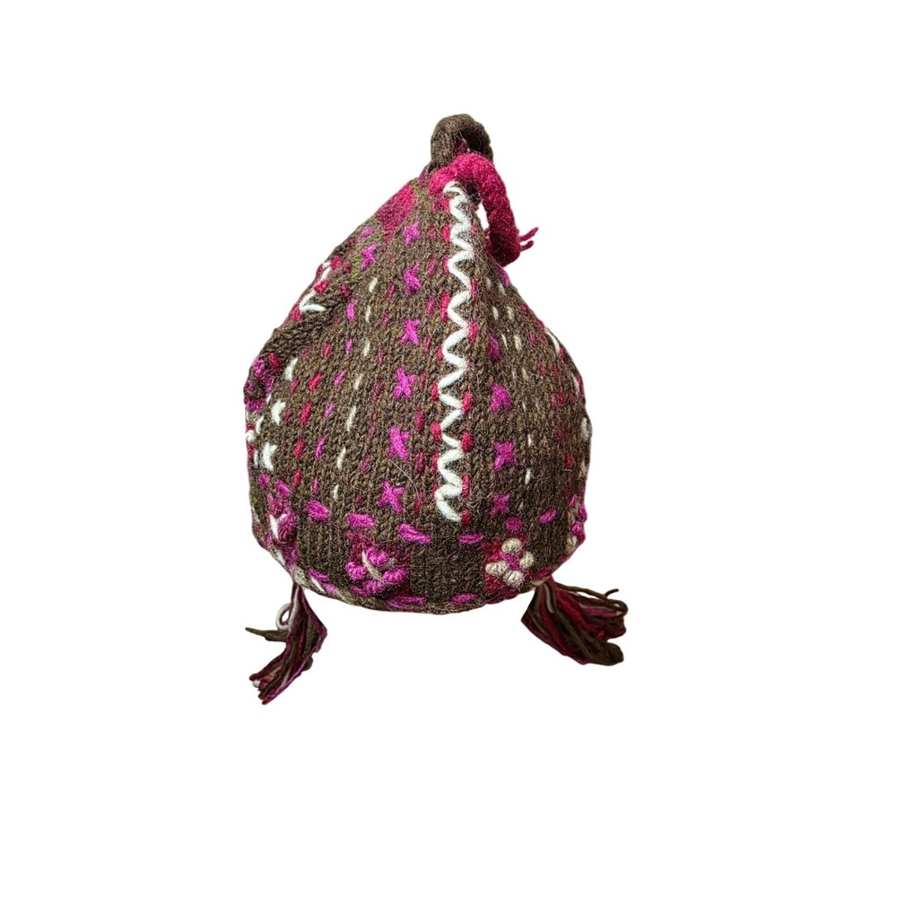 Newari Icelandic Hand-Knit Nepal Wool Small Earflap Hat Brown Pink Patterns